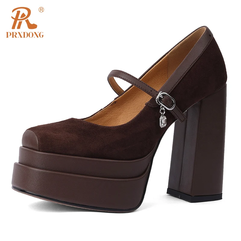 

PRXDONG 2024 New Spring Summer Qulaity Genuine Leather High Heels Thick Platform Black Brown Retro Dress Party Mary Janes Pumps