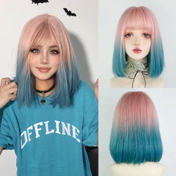 VICIWG Synthetic Short Straight Ombre Pink Blue Bleng Wig with Bangs Lolita Cosplay Fluffy Women Hair Wig for Daily Party