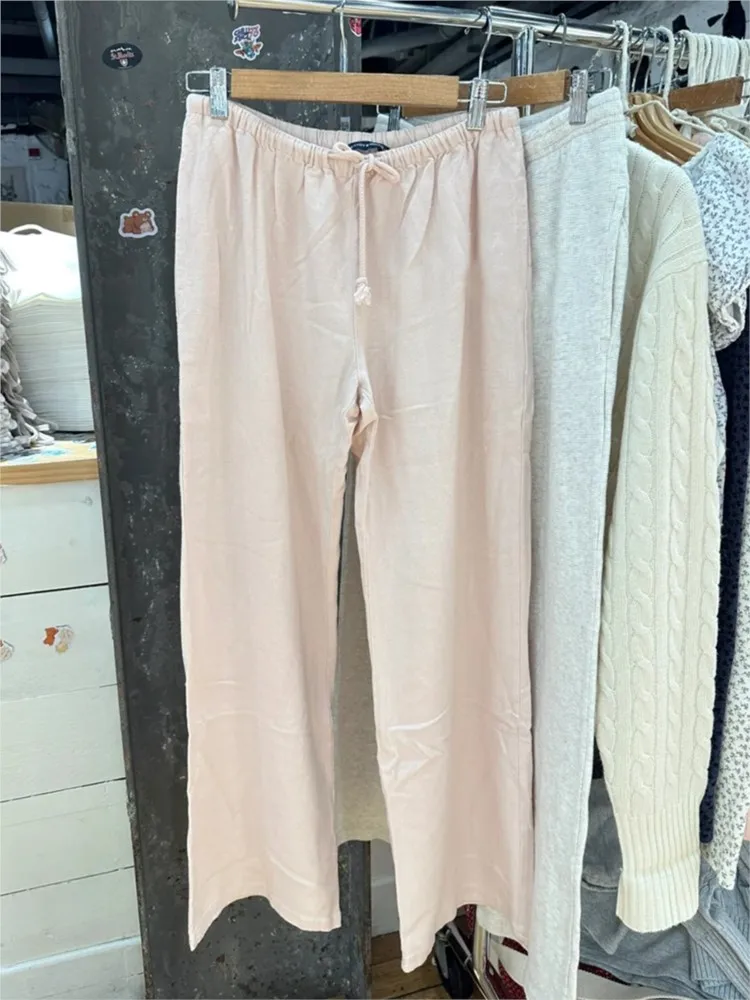 Streetwear sznurkiem proste spodnie dresowe damskie jesienne bawełniane dorywczo spodnie z wysokim stanem Vintage słodkie różowe sportowe długie spodnie Y2K