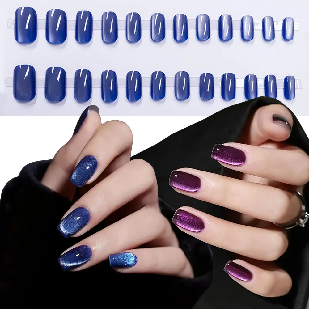 24 pçs curto quadrado roxo/vermelho/rosa brilhante olho de gato imprensa em unhas oceano azul prata olho de gato unhas falsas translúcido fasle prego