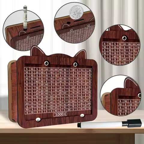 Wooden Digital Piggy Bank Cat Shape Money Saving Box With Number Grid Gift Plan Pen Euro Storage Organizer For Saving Goals