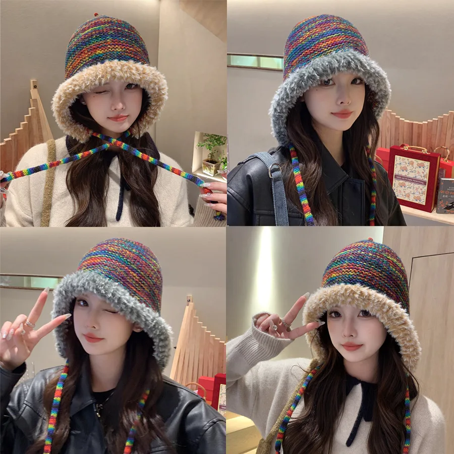 Xiaohongshu Rainbow Knitted Hat Plush Edge Strap Wool Hat Cute Age Reduction Versatile Ear Protection Warm Hat Rainbow Hat
