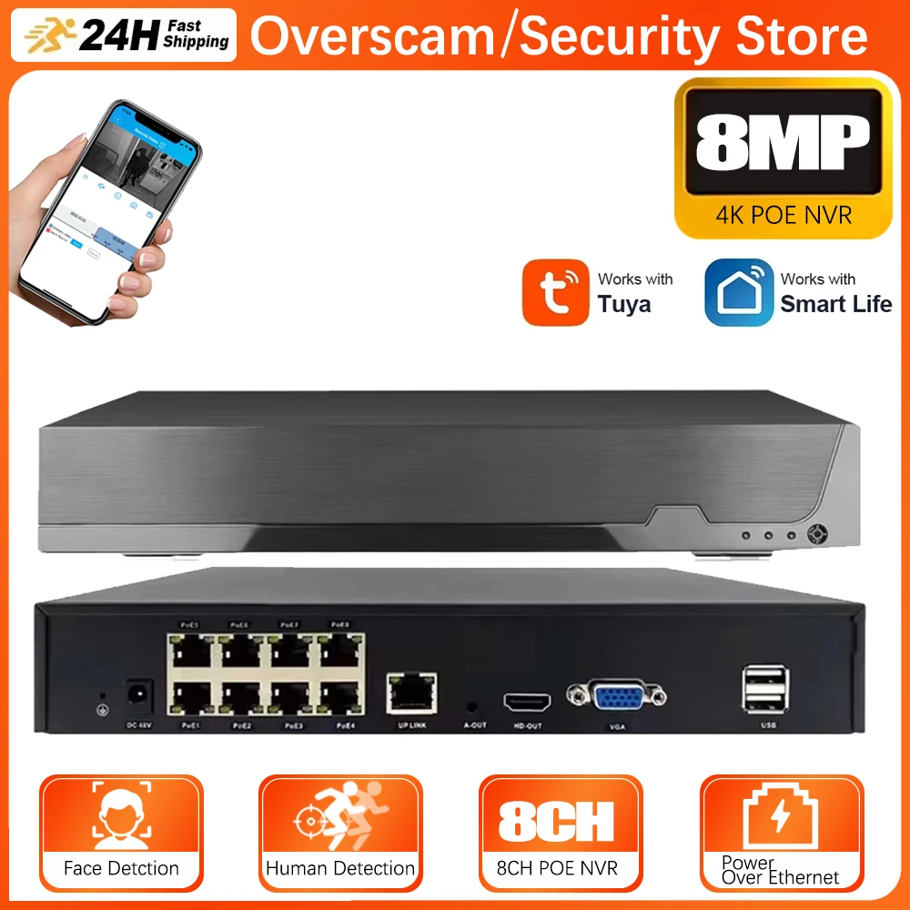 

Tuya Smartlife 8CH 4K 8MP 5MP 4MP 3MP 2MP H.265 Видеорегистратор NVR с обнаружением движения Сетевой P2P-рекордер для IP-камеры