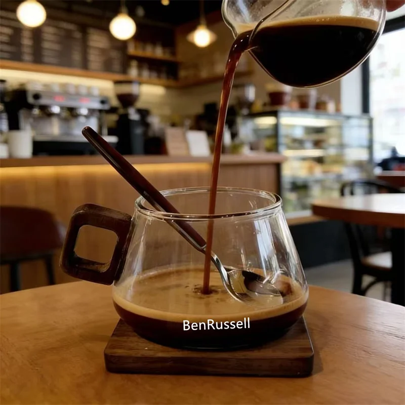 350ml Glas-Kaffeetasse mit Holzgriff, Klare Borosilikatglas-Tasse für Espresso/Americano, Wiederverwendbarer Kaffeelöffel & Untersetzer