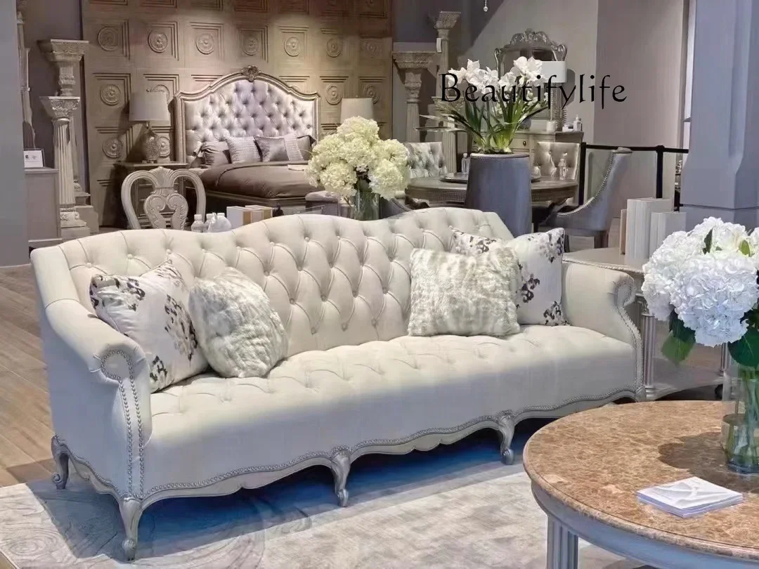 A American sofa combination French retro solid wood carving flower new modern simple three-person sofa