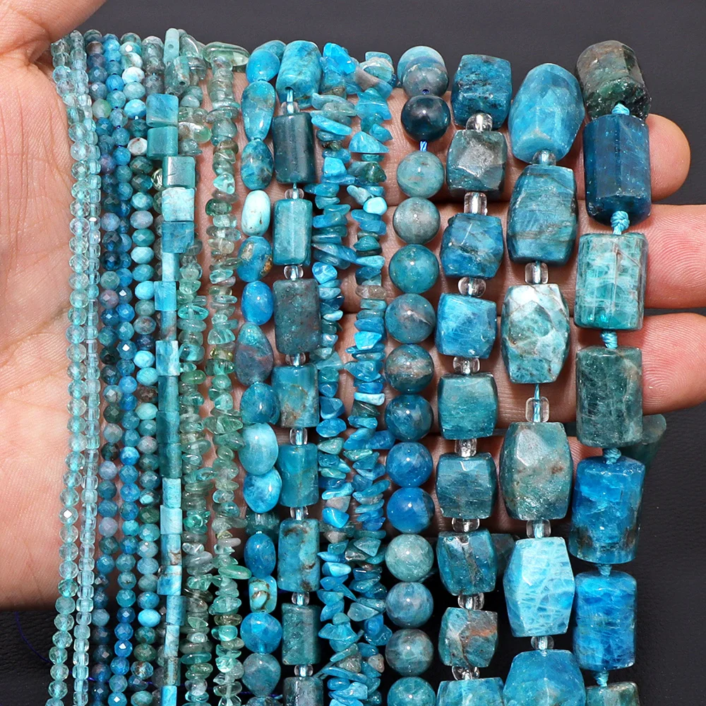 Natural Apatite Stone Faceted Round Beads Square Cube Chips Blue Stone Apatite Beads For Jewelry Making Necklace DIY Bracelet