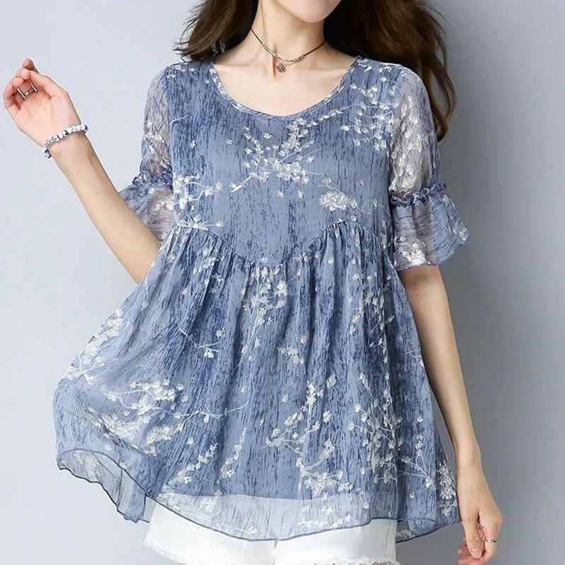 Casual Flare Sleeve Elegant Loose Chiffon Shirt 2022 Summer New Women\'s Clothing Fashion Printing O-Neck Pullovers Blouses 6XL