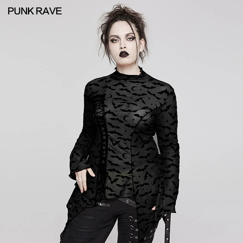 PUNK RAVE Women's Gothic Bat Mesh Small High Collar Long Sleeve Basic T-Shirt Irregular Hem Design Club Sexy Dark Tops