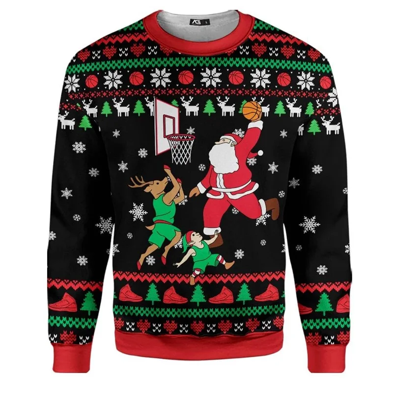 مضحك سانتا كلوز اللعب الهوكي الجرافيك بلوزات الرجال عيد ميلاد سعيد طاقم الرقبة البلوز سترة جديدة عيد الميلاد رياضية