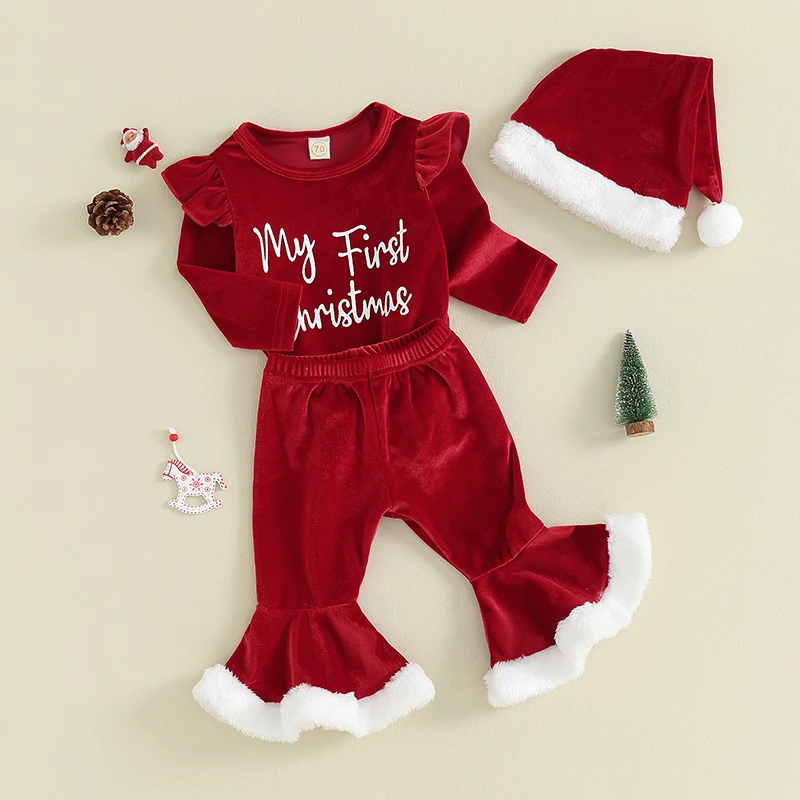 Infant Baby Girl Christmas Jumpsuit Outfits Letter Print Long Sleeve Romper Flare Pants Hat Toddler Clothes