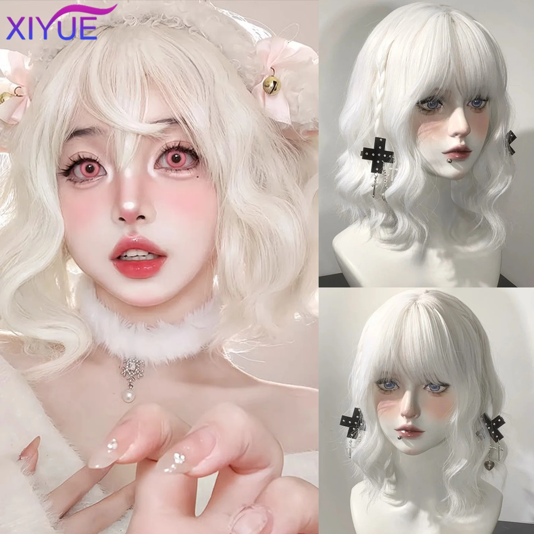 

XIYUE Short Straight Bob Wigs for Women white Synthetic Natural Hair Wig with Bangs Heat Resistant Cosplay Daily Use Hair