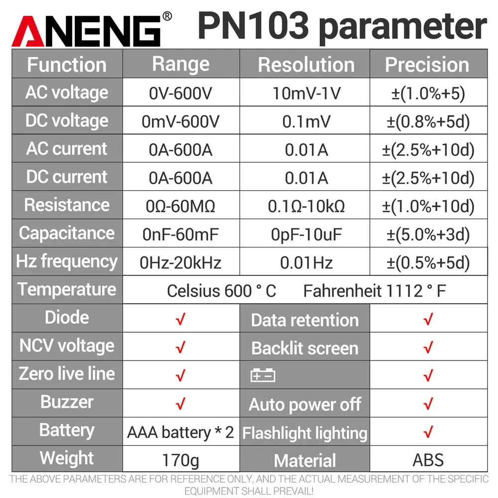 ANENG PN103 Digital Clamp Meter 600A AC/DC Current Tester Professional Multimeter Clamp True RMS Voltmeter Ohm Tester Meters