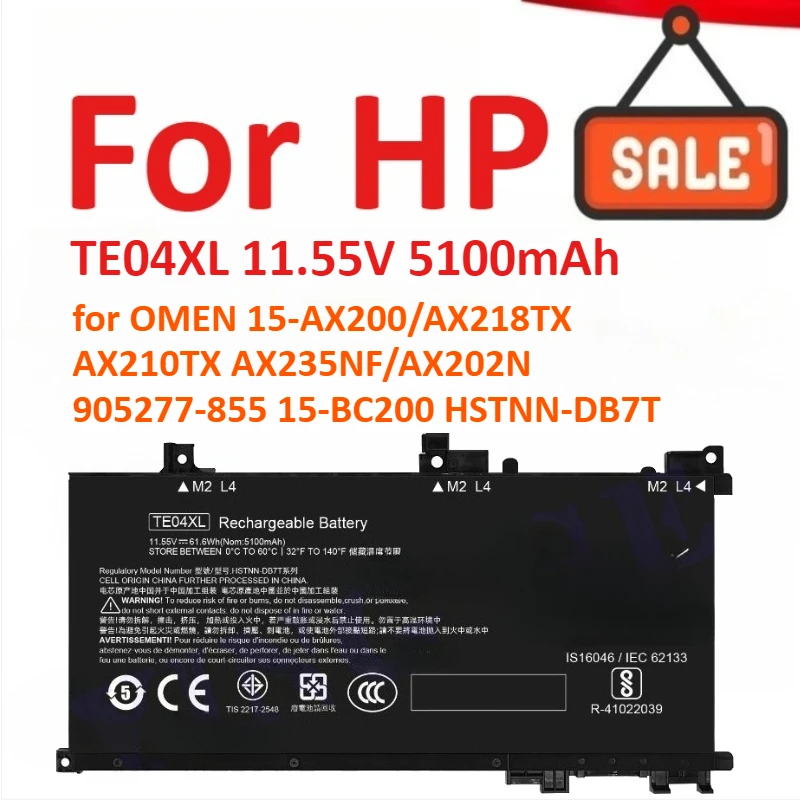 

New TE04XL 11.55V 5100mAh Laptop Battery For HP OMEN 15-AX200/AX218TX /AX210TX /AX235NF/AX202N 905277-855 15-BC200 HSTNN-DB7T