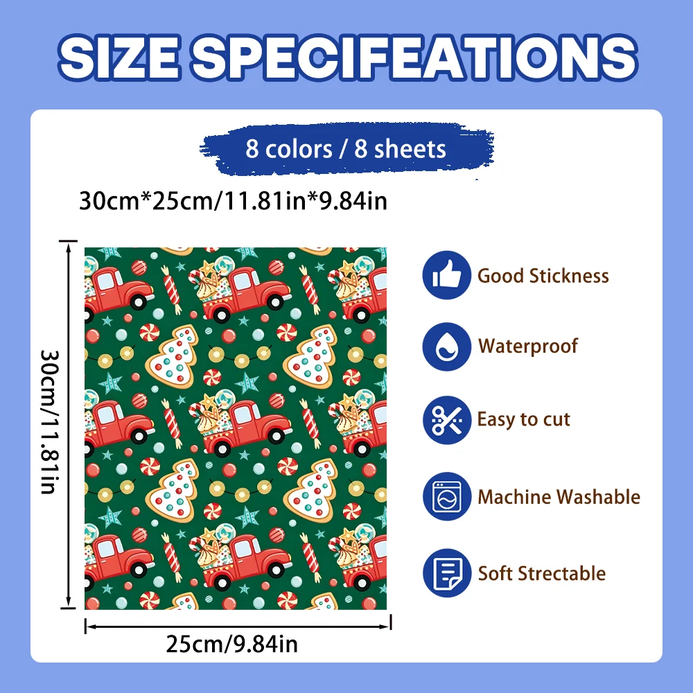 8Pcs High Adhesion Wash Resistant Iron-on Sheets, Christmas HTV, Firm Transfer On Various Materials, Fade Resistant
