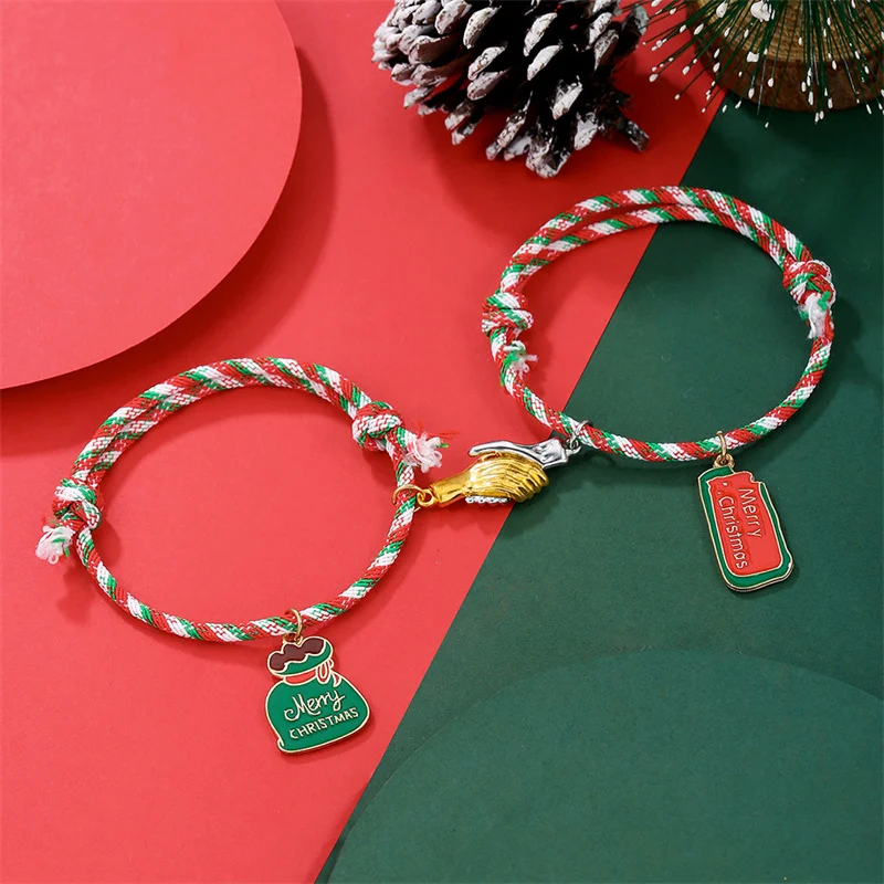 2 pçs/set corda de mão de natal vermelho verde cor misturada pulseira para mulheres árvore de natal pingente pulseiras festa ano novo jóias