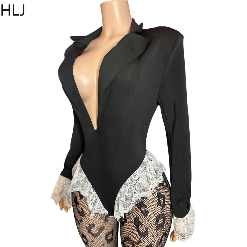 HLJ Spring Black Lace Splicing Bodysuits Two Piece Sets Women Lapel Long Sleeve And Mesh Skinny Socks Outfits Elegant Clothing