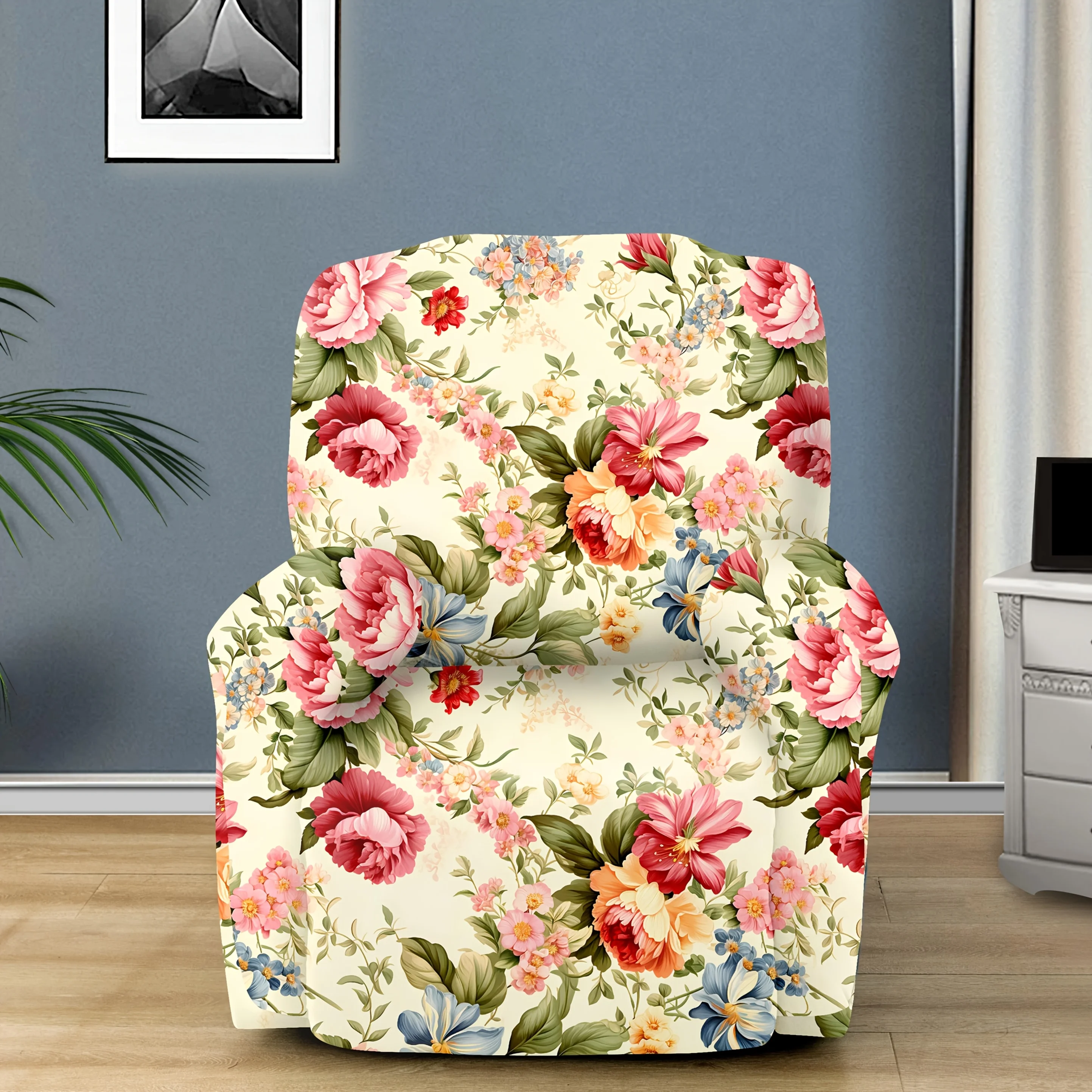Recliner Slipcover, Retro Pink Peony Flowers Print Elastic Chair Cover for Living Room, Washable