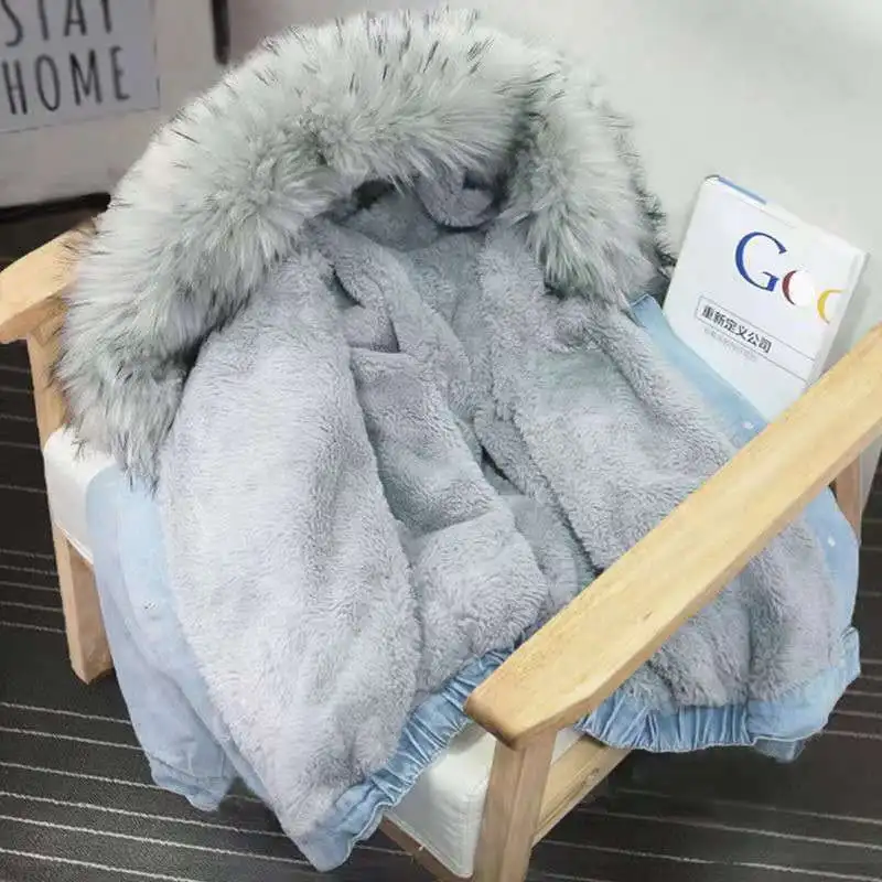 Women's Coat Thickened Big Fur Collar Fashion Denim Cotton Cotton Jacket Winter New Korean Version Plus Cashmere Hooded Jacket