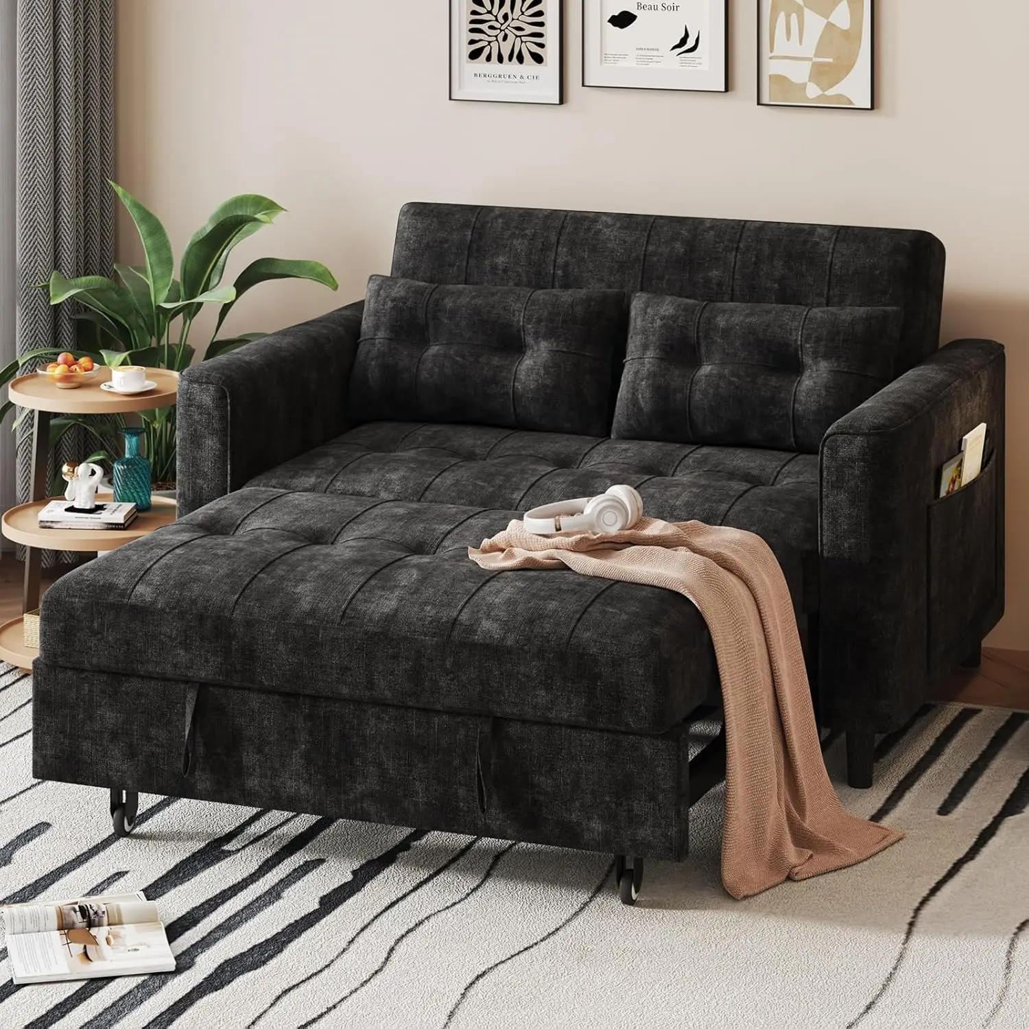 

3 in 1 Convertible Sleeper Sofa Bed, Small Pull Out Couch Bed with Adjustable Backrest, Chenille Little Loveseat Couches with Si