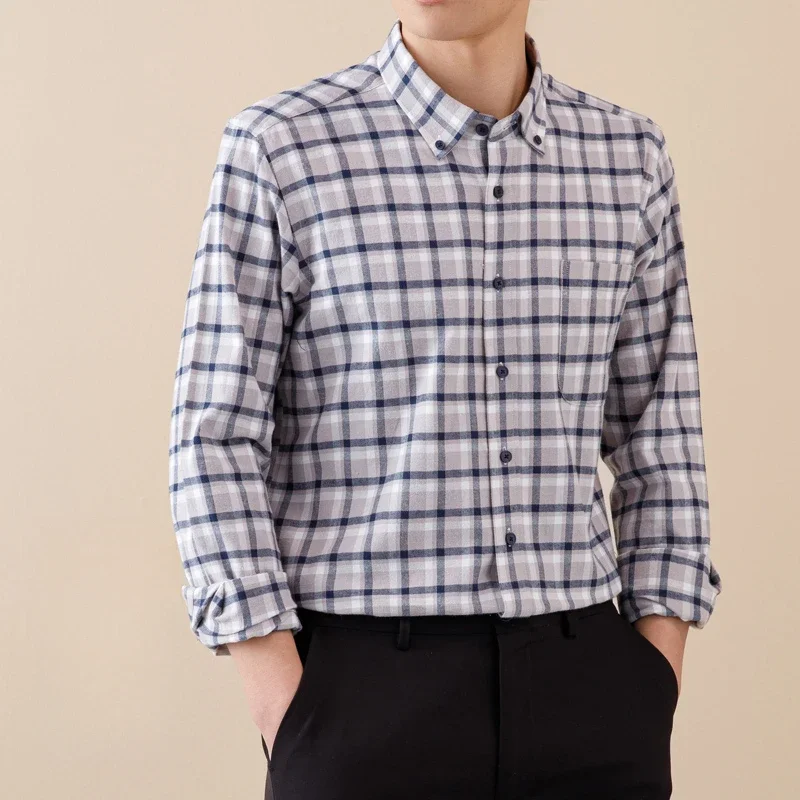 New in shirt 100%cotton brushed long sleeve shirts for men slim fit formal plain shirt soft plaid tops casual elegants clothes