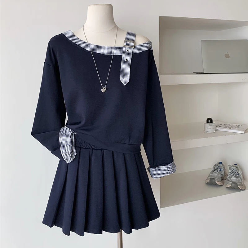 

Spring Autumn Women's Long Sleeved T-shirt Pleated Skirt Set New Sweet Skew Collar Plaid Splicing Top Skirt Two-piece Set S122