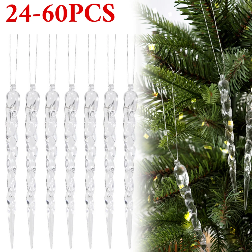 

24-60pcs Christmas Decoration Plastic Icicle Pendants Clear Simulation Ice Xmas Tree Hanging Ornaments Winter New Year Navidad