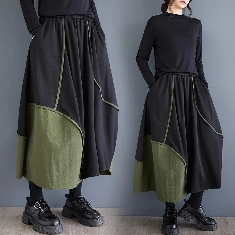 2024 Autumn/Winter New Fashionable Irregular Color Contrasting Splicing Casual Skirt For Women  Loose High Waist Skirt K2718