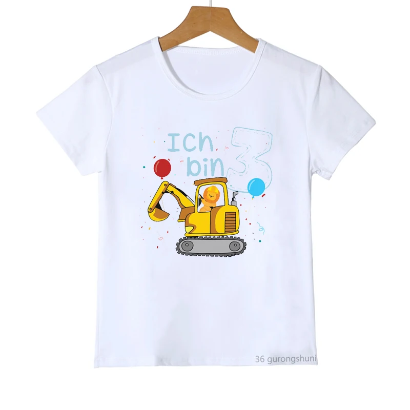 Kawaii Bear Excavator T-Shirt Balloon Number 2 3 4 5 Birthday Party Gift Shirt Boys Girls Clothes Short Sleeve T-Shirts Tees Top