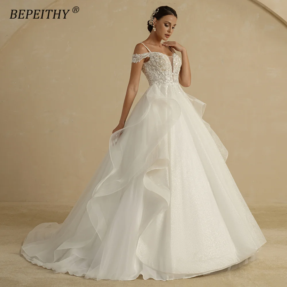 

BEPEITHY Customized Glitter A Line Wedding Dresses For Women 2022 Bride Off The Shoulder Sweep Train Ruffles Lace Bridal Gown