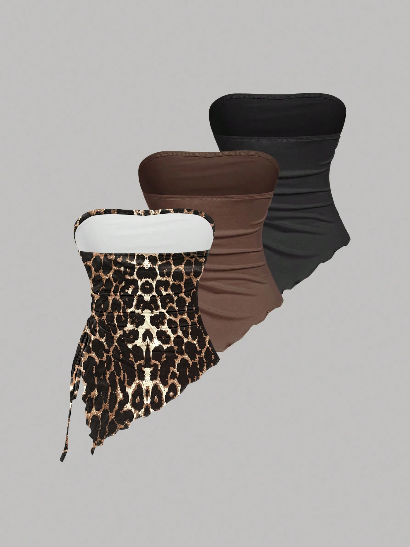 Women's 3 Piece Strapless Ruched Tube Top Set Leopard Print & Solid Asymmetrical Hem Crop Tops
