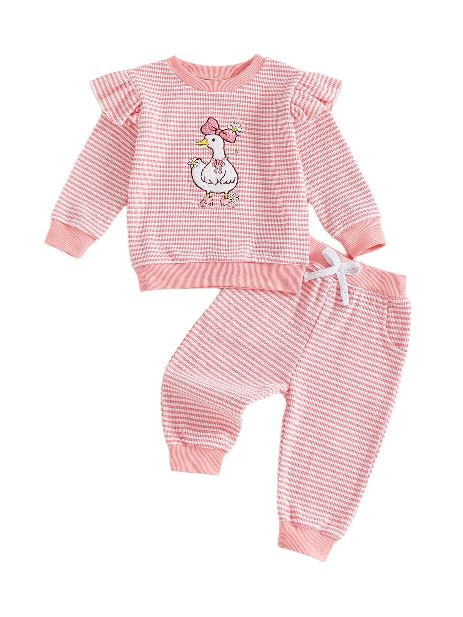 

Adorable Infant Girl Autumn Clothes Duck Bow Cherry Embroidered Striped Long Sleeve Shirt with Trousers 2 Piece Ensemble
