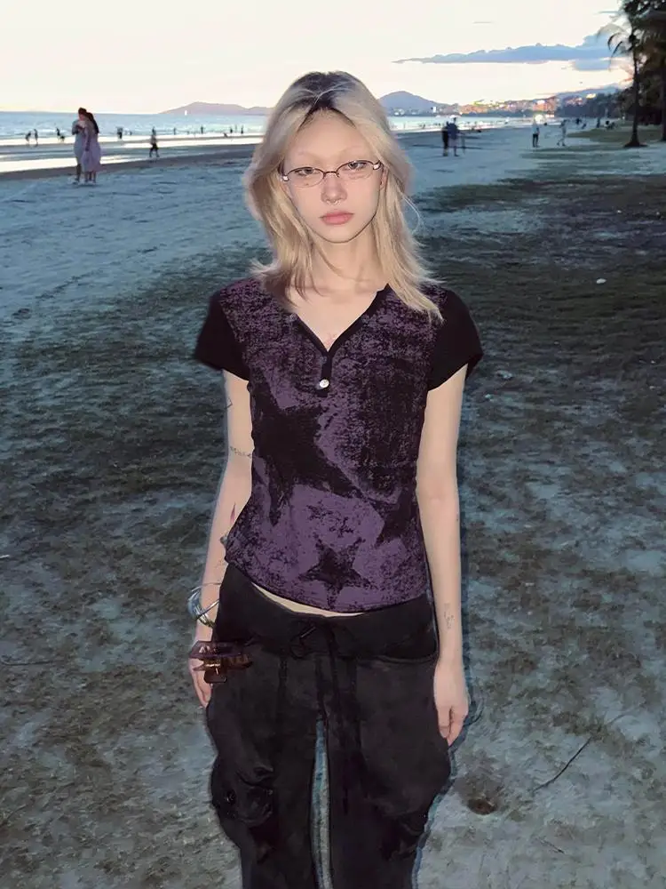 Erwofeina Gothic Graphic T Shirts Short Sleeve Tee 2000s Clothes Y2k Female Clothing V Neck Print Top Korean Fashion Summer Tees