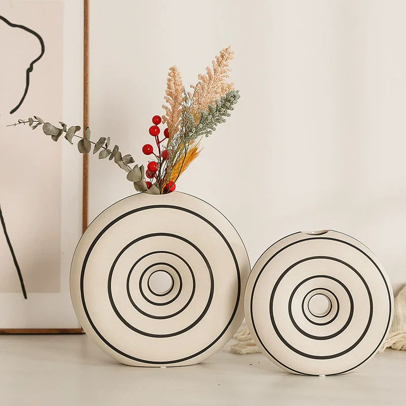 Creative Doughnut Stripe Shape Ceramic Flower Vase Nordic Minimalist Black White Art Hydroponics Ceramic Flower Planter Ornament