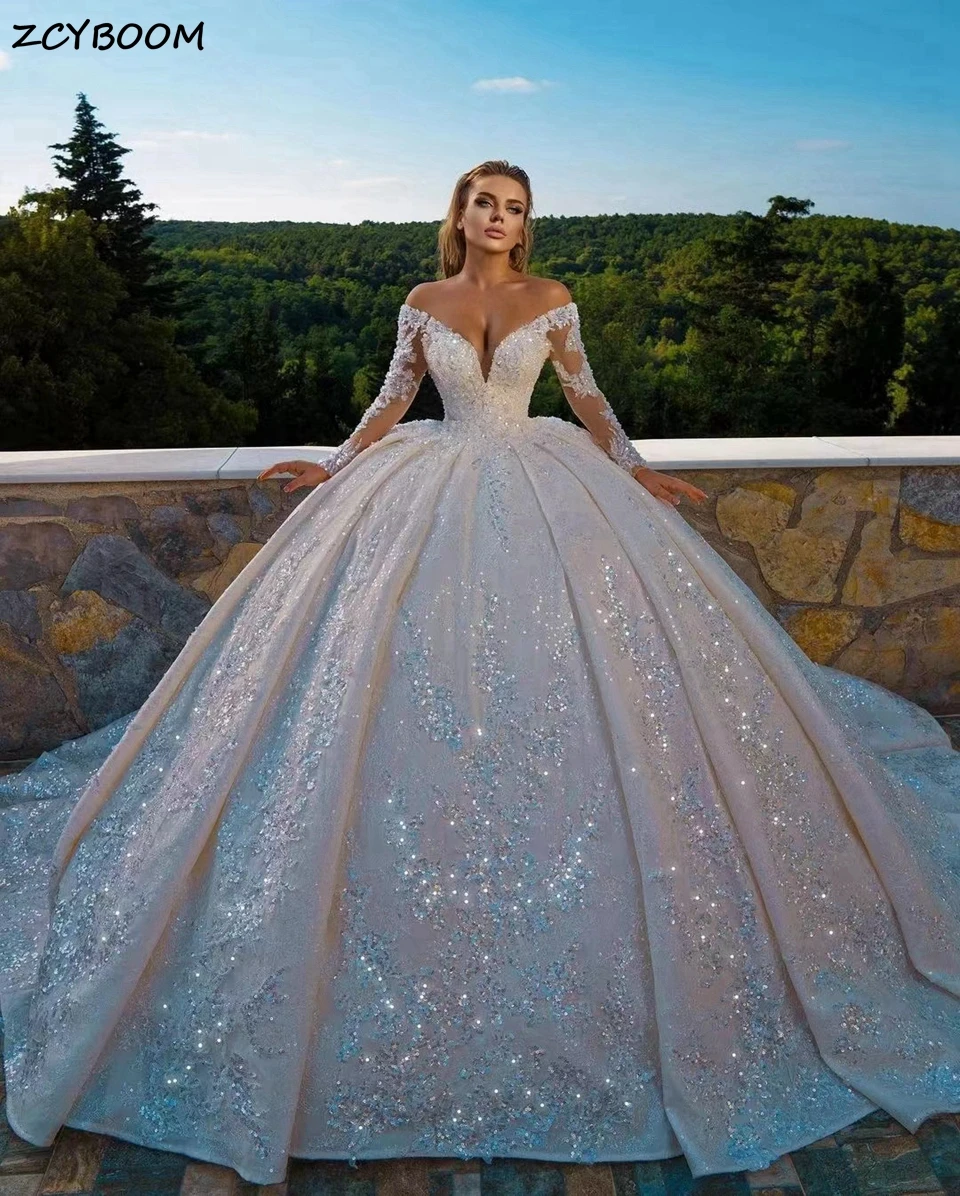 

Роскошное бальное платье, свадебные платья, 2025 г., элегантное кружево с блестками и открытыми плечами, свадебное платье принцессы с бисером, длинное платье De Mariee