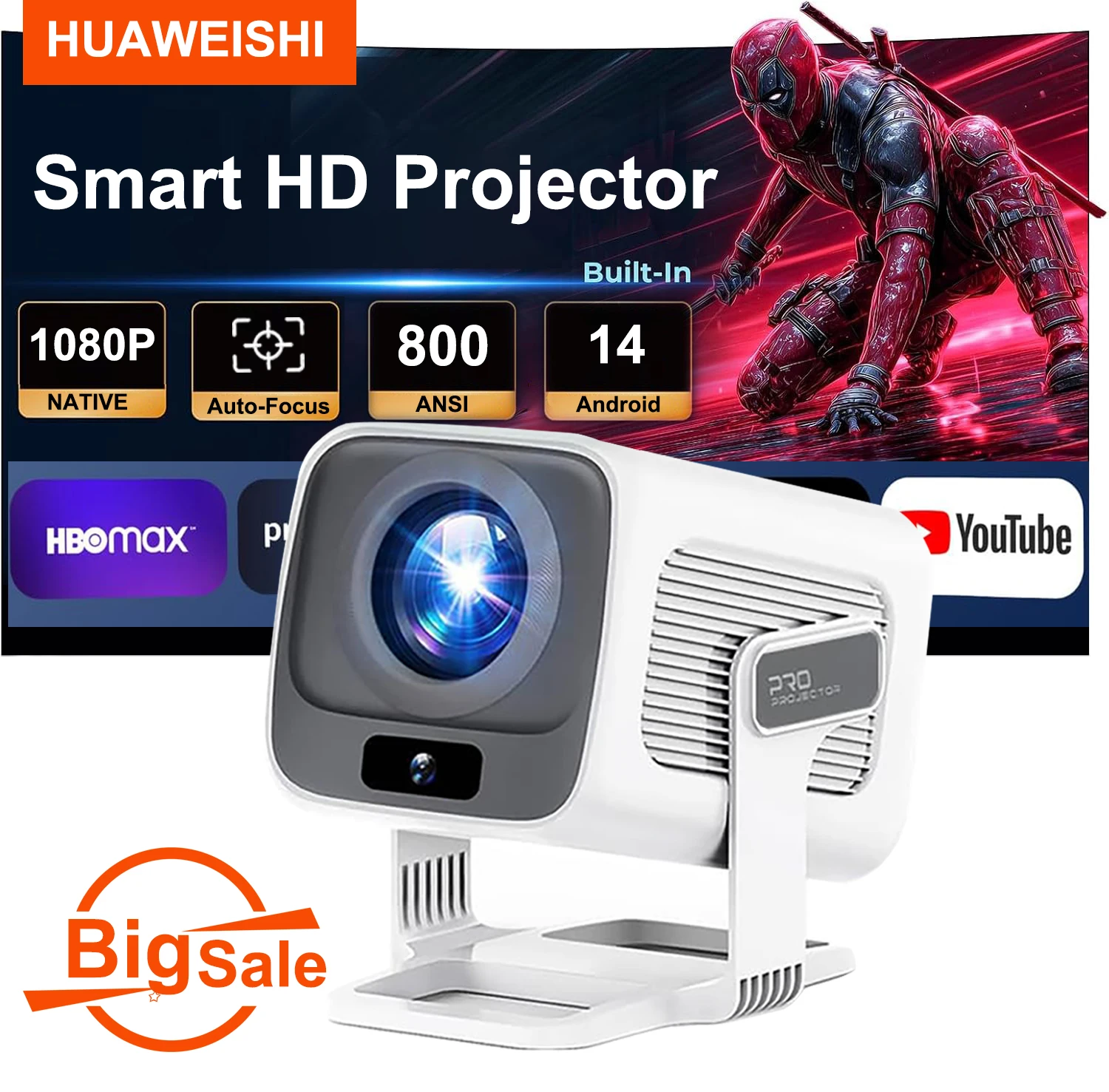 Projetor Huaweishi X3 Plus Android 14 4K, projetores nativos 1080P, Wifi 6, 800 ANSI, vídeo cinema, portátil para uso externo e doméstico, projetor LED HD.