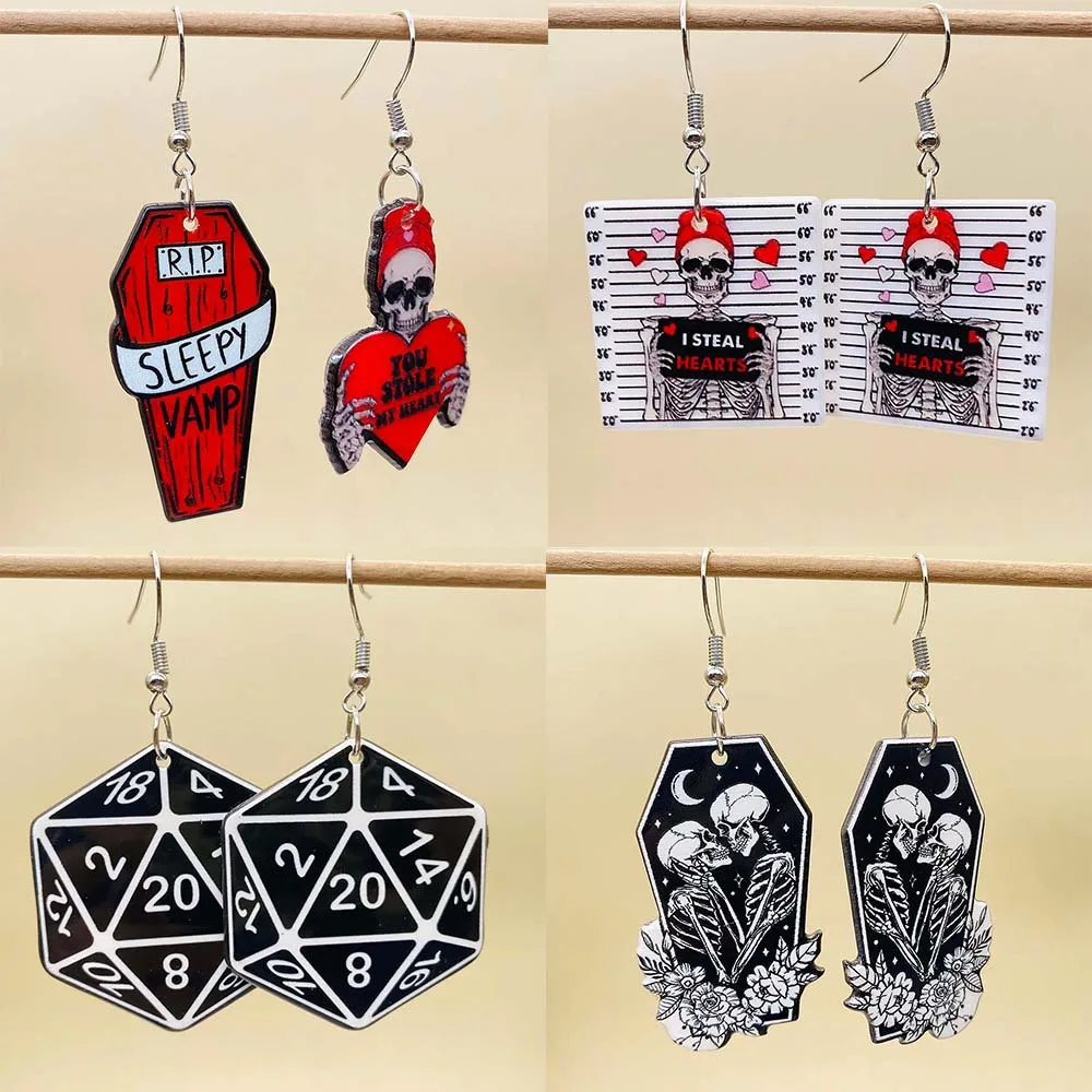 القوطي عيد الحب هالوين أقراط الحب سحر R.I.P الجمجمة القلب الشفاه الاكريليك أقراط للنساء هدية عيد الحب