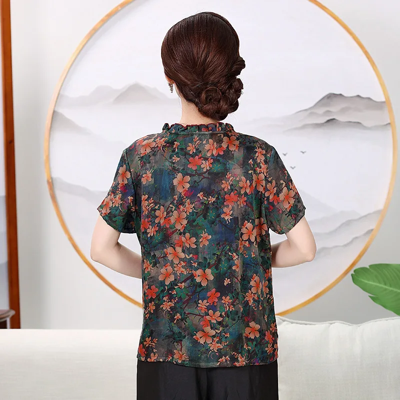 New arrival pure silk short sleeve women shirts,100% gambiered Guangdong silk loose blouse,round collar with agaric lace clothes