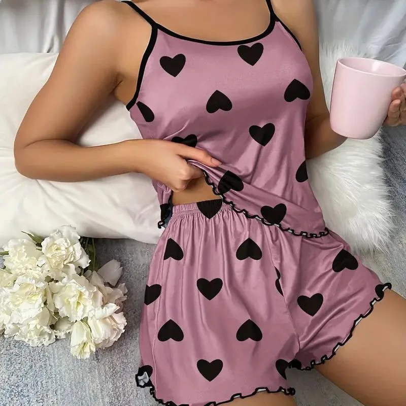 

Summer Women Casual Pajamas Two-piece Set Sleepwear Heart Print Sexy Strappy Camisole Crop Tops with Shorts Female Loungewear
