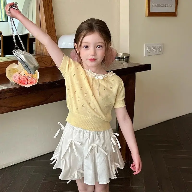 

New Princess Style French Lace Hollow Knitted T-shirts for Girls Children Clothing Short Sleeved Top Sweet Lace Top for Girls