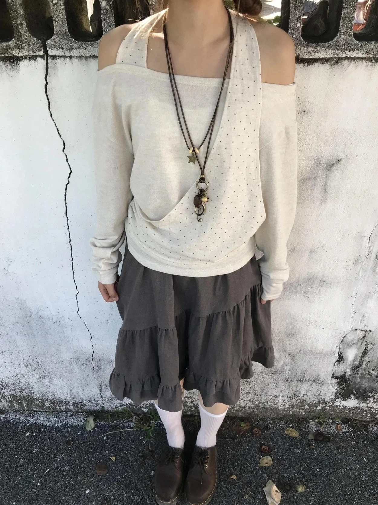 فريدة من نوعها SEI الكورية Sle Street Faion البولكا نقطة المرقعة غير المتكافئة النايلين عارضة تنوعا oulder Bared Long Sve...