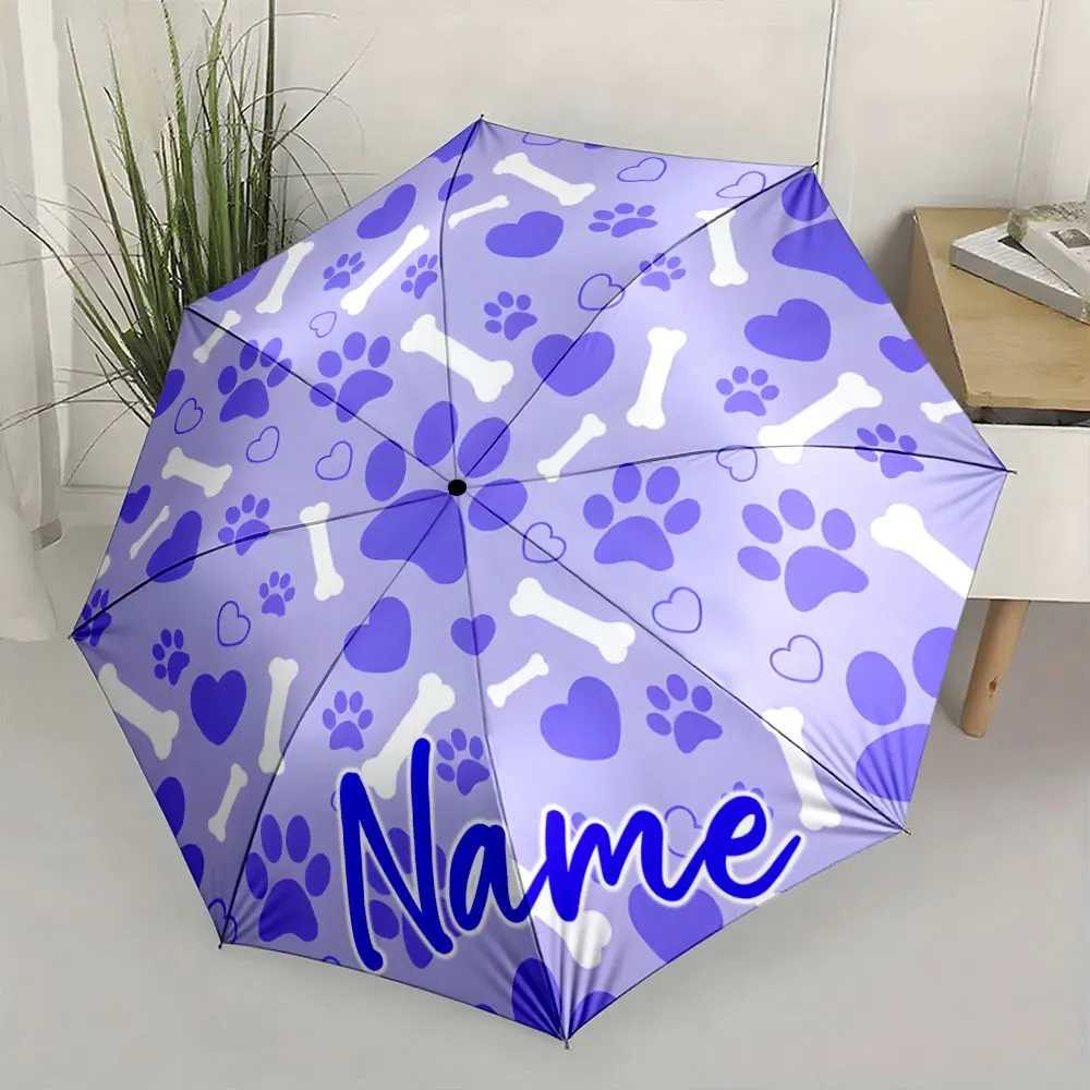 Custom Name Umbrella Custom Pet Lovers Umbrella with Paw Prints Print 8 Iron Ribs Folding Umbrella Auto-Open Fashion Sunshade