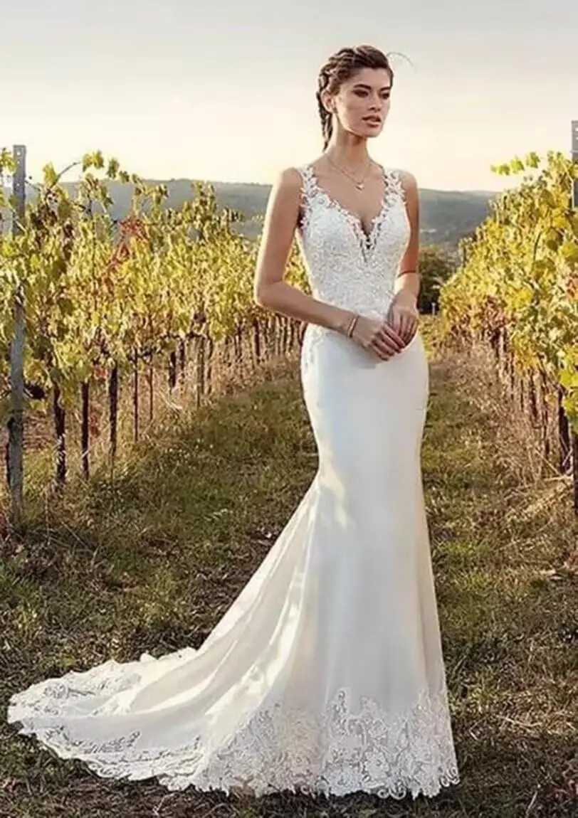 Suknie ślubne syreny z koronki dla panny młodej, na ramiączkach spaghetti, tiulowe, z dekoltem w serek, bez rękawów, długie suknie ślubne.