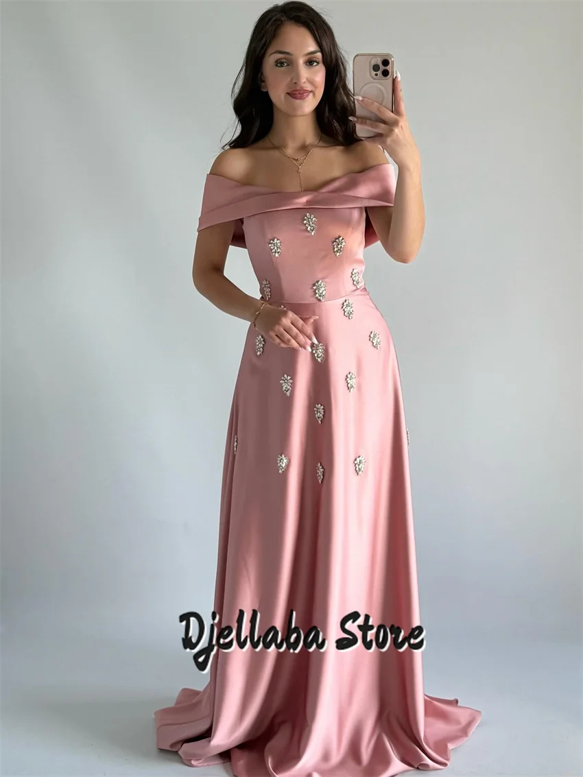 Customized Dust Pink Evening Dresses Off The Shoulder Rhinestone Beading A-Line Prom Gown Modern Long Sweep Train Party Dress