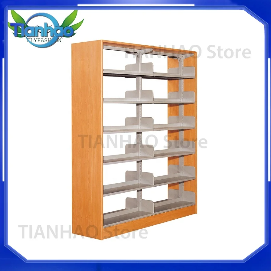 Wooden Bookshelf Magazine Rack for School Library Furniture with Sturdy Metal Steel Frame Cabinet