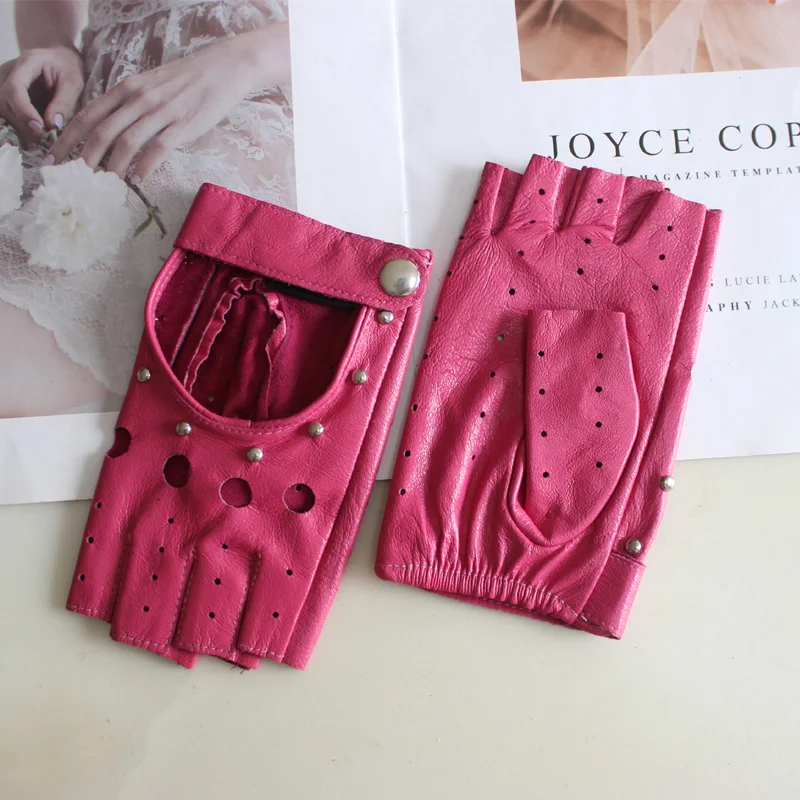 New Women's Sheepskin Half Finger Gloves Thin Style Unlined Rivet Style Colored Genuine Leather Driving Gloves