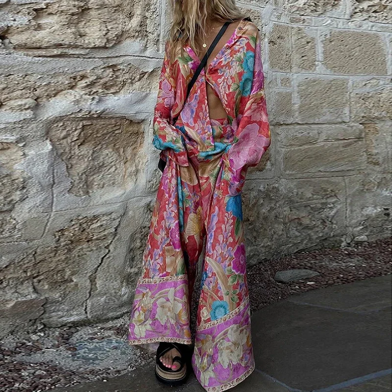 

Красивый богемный свободный костюм 2025, женская рубашка на пуговицах и длинные брюки, праздничный наряд, повседневный женский комплект из двух предметов с цветочным принтом, весенний S