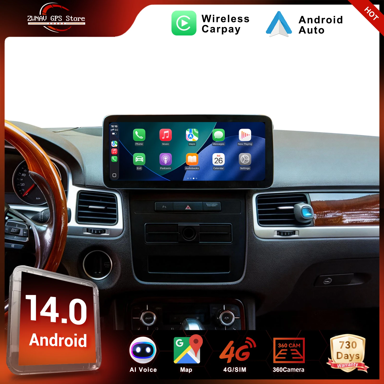 

ZWNAV 12.3 INCH 7870 12+256G 2K Screen 2400*900 Car Audio Multimedia GPS Navigation CAR-PLAY for Volkswagen Touareg 2011-2017