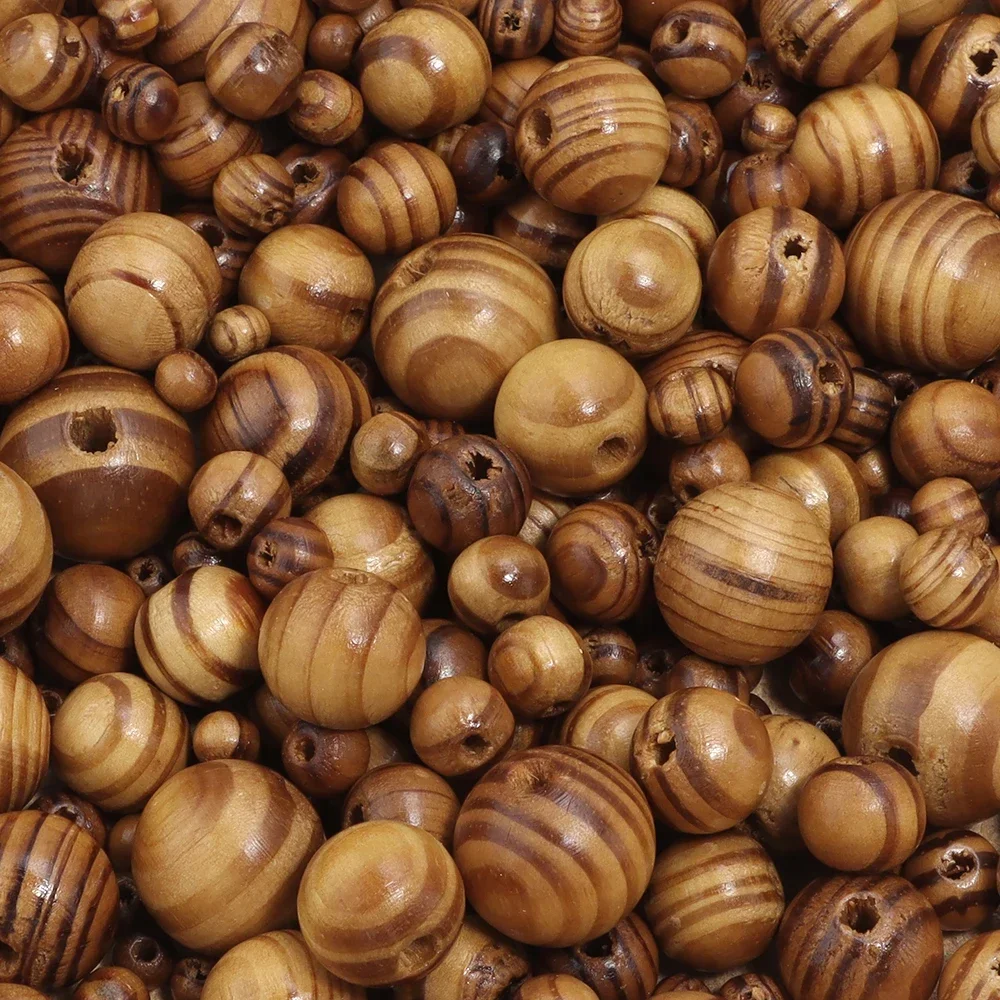 6/8/10/12/16/18mm Natural Pine Wood Beads Round Stripe Space