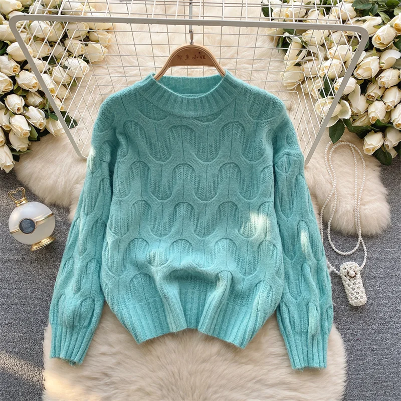 Autumn New Women Twist Knitted Sweater Short Pullover Tops Round Collar Long Sleeve Bottoming Knitwear Jumper Purple Green Blue