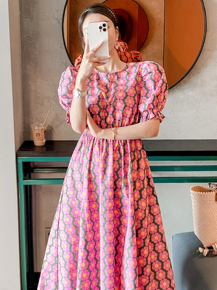 Robe de soirée à fleurs vintage pour femmes, robe d'été élégante coréenne, robe à col rond, robe mi-longue mince, robe de soirée A-Line, robe de plage Boho, robe éducative pour femmes, nouveau